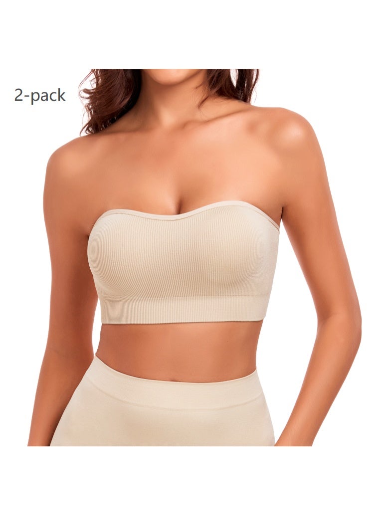 YUVFEHY 2pcs women's strapless seamless bras, solid color, tubular top, soft transparent silicone shoulder straps, with removable breast pads. - Image 2